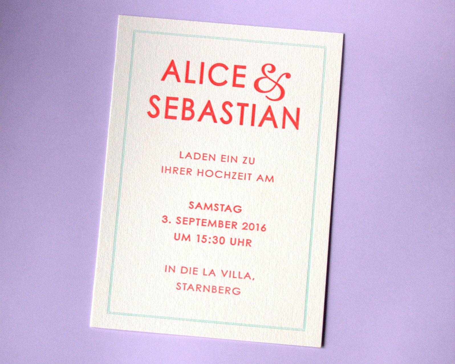 Alice & Sebastian Letterpress Wedding Invitation in German