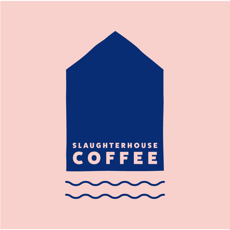 Slaughterhouse Coffee blue solid logo on pink background