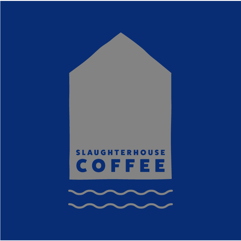 Slaughterhouse Coffee grey solid logo on blue background