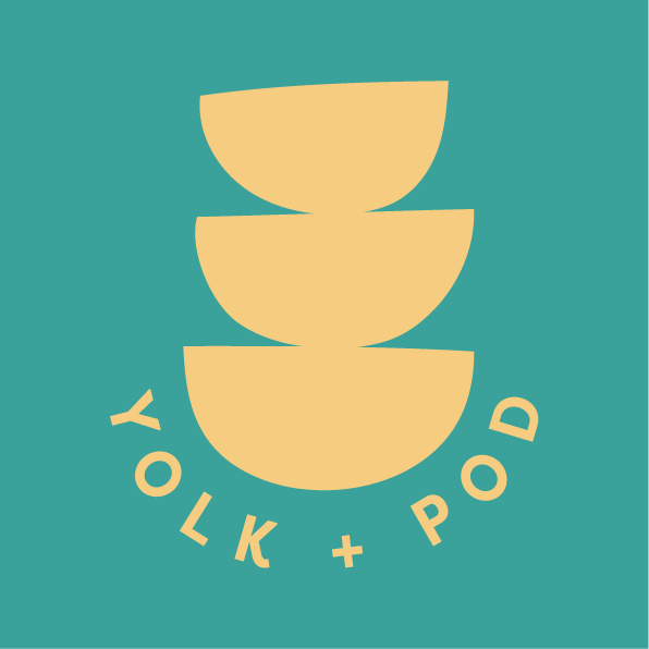 Yellow Yolk + Pod logo on teal background